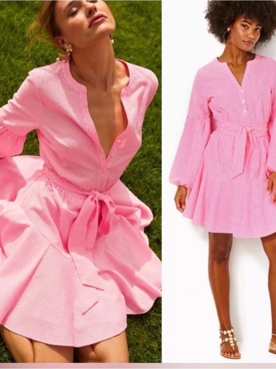 Lilly Pulitzer Dresses & Skirts - Lilly Pulitzer Carla Long Sleeve Seersucker Dress Roxie Pink Harbour Stripe Sz 6